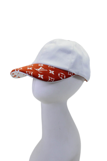 Louis Vuitton Mens Monogram Print Adjustable Baseball Cap Hat White Orange