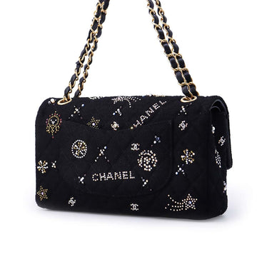 CHANEL Matelasse W Flap ChainShoulder Bag BlackA01112 Tweed Rhinestone Size 25