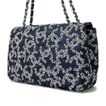 CHANEL CC Logo ChainShoulder Bag Navy/White Sequins Size 25