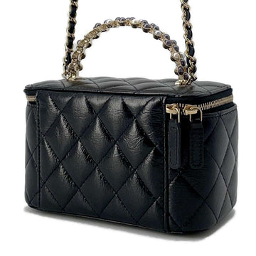 CHANEL Matelasse 2wayShoulder Vanity with Pearl Handle Black Lambskin