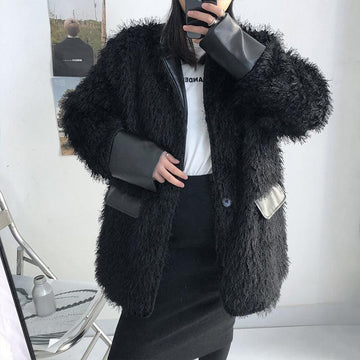 Korean Designed Black Imitation Fur Thick Coat