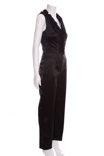 Chanel Black Satin Sleeveless Ruffle Jumpsuit SZ 38