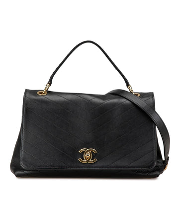 Chevron Calfskin Elaphe Stitched Top Handle Flap Satchel with Chain Strap and Turn-Lock Closure