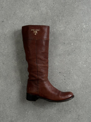 Prada Leather Logo Knee Boots - UK 4 / EUR 37