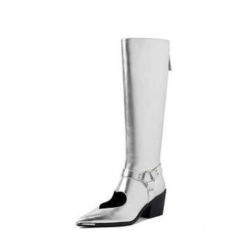 Genuine Leather Shoes Woman Knee HIgh Boots Spring Autumn Pointed Toe CHunky Heels Black Silver Dress Party Casual Shoes