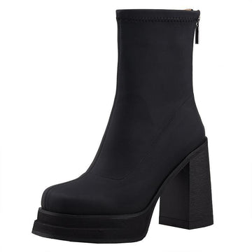 Elastic Slim Boots Thick Heel Short Boots Women's New High Heel Shoes Autumn Winter Thick Sole Square Head Women's Boots