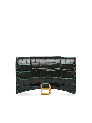 Hourglass Wallet With Chain Crocodile Embossed Leather in Forest Green
