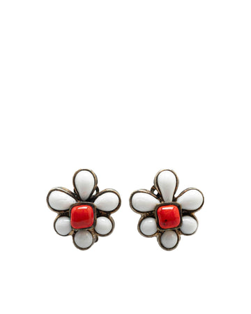 Silver Plated Flower Clip-On Earrings with Stone Details