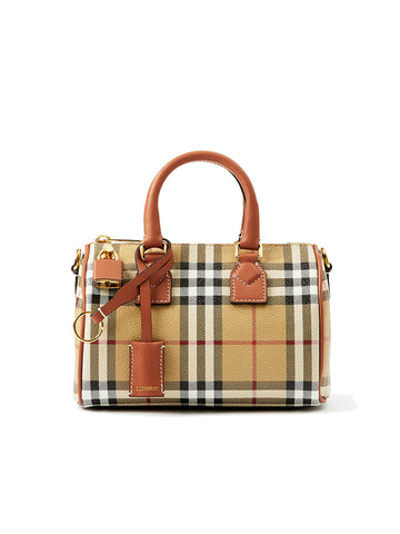Check and Leather Mini Bowling Bag in Archive Beige