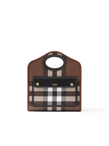 Check and Leather Mini Pocket Bag in Dark Birch Brown