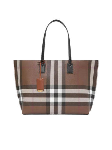 Check and Leather Medium Tote in Dark Birch Brown