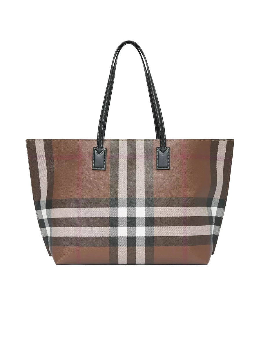 Check and Leather Medium Tote in Dark Birch Brown