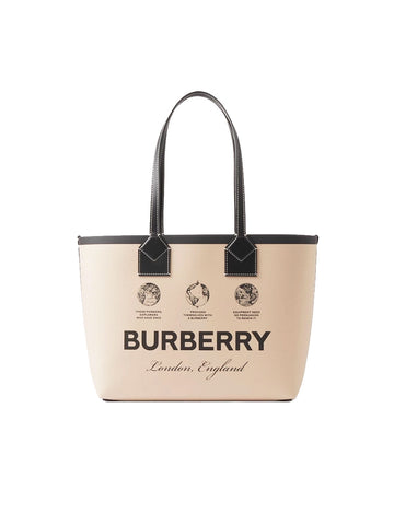 Label Print Cotton and Leather Small London Tote Bag