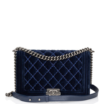 Pre-owned Chanel Large Boy Bag Blue Velvet Ruthenium Hardware