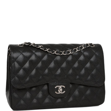 Pre-owned Chanel Jumbo Classic Double Flap Bag Black Caviar Silver Hardware