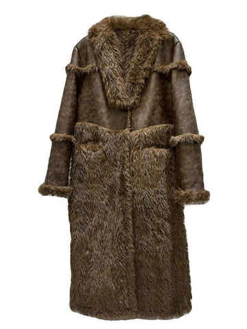 Trendy Fashion Women's Faux Fur Plush Spliced Leather Coat  Winter New Items Long Sleeves Trench Jacket Female