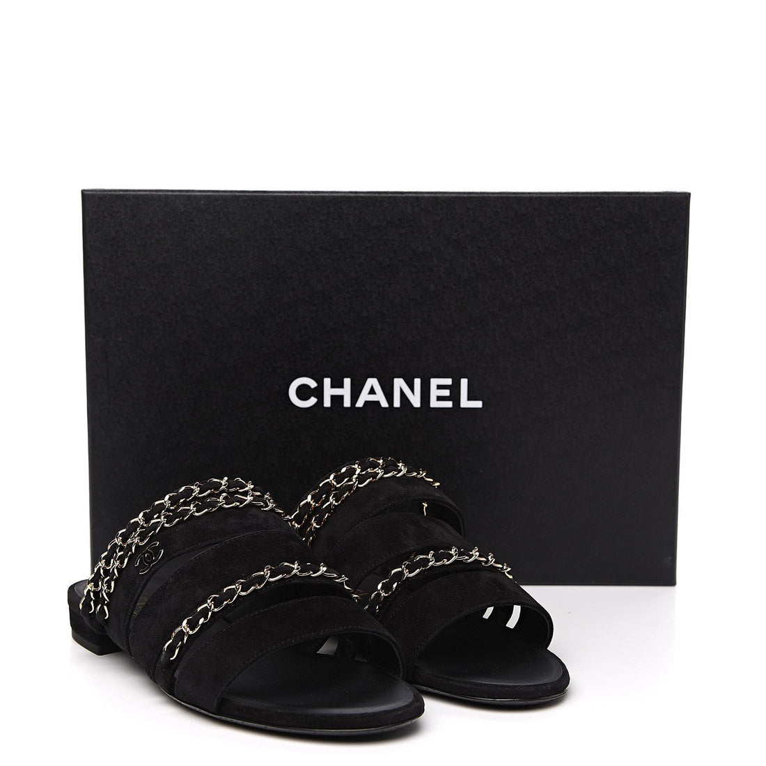 CHANEL SUEDE CALFSKIN CC CHAIN FLAT SLIDE SANDALS