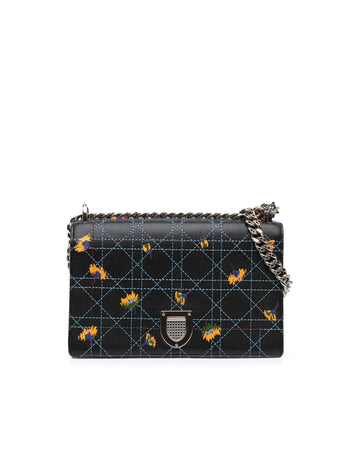 Embroidered Calfskin Flap Bag with Chain Strap and Push Lock Closure