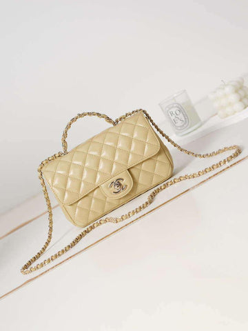 Makersluxe - Camellia Embossed Flap Bag With top Handle Beige