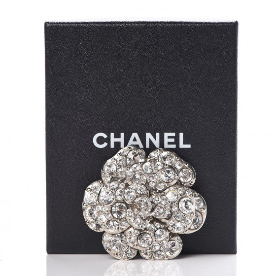 CHANEL Swarovski Crystal Camellia CC Brooch Silver