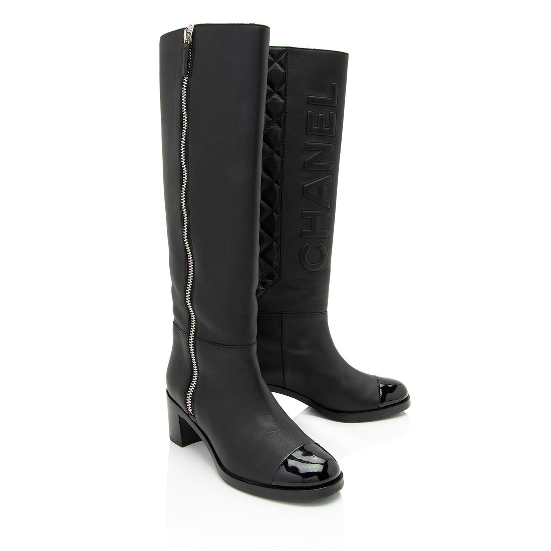 Chanel Quilted Calfskin Patent Leather Cap Toe Logo Boots - Size 7 / 37 (SHF-1bljRC)
