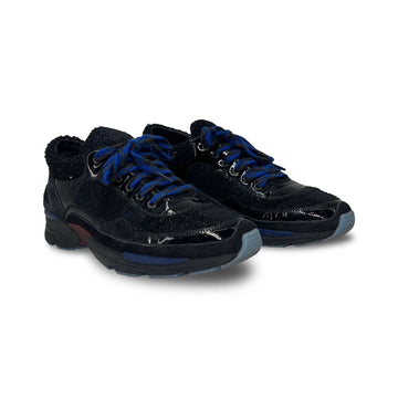 Chanel black and blue patent leather and tweed sneakers