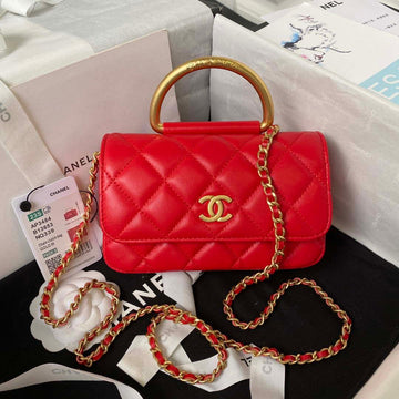 Makersluxe - Clutch With Chain Shiny Lambskin & Gold-Tone Metal Red
