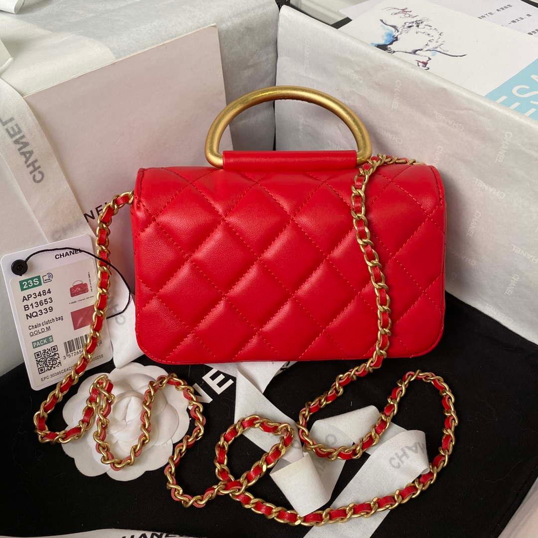 Makersluxe - Clutch With Chain Shiny Lambskin & Gold-Tone Metal Red