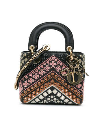 Mini Calfskin Embroidered Lady Dior with Detachable Strap