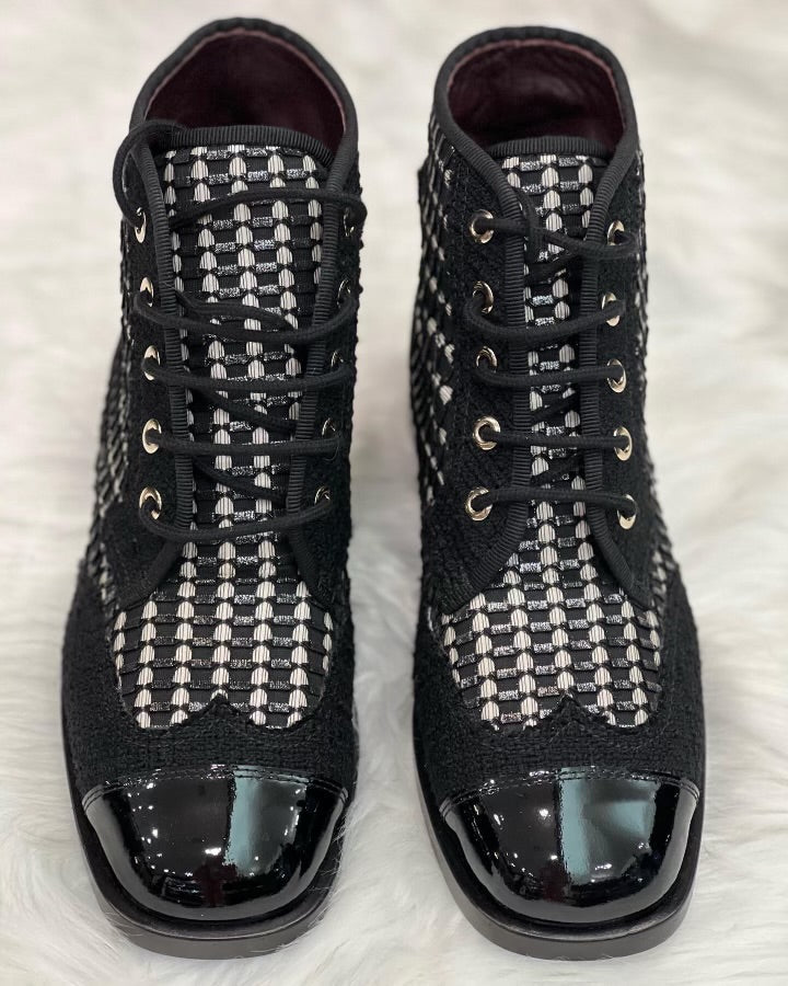 CHANEL TWEED & PATENT LEATHER COMBAT BOOTS