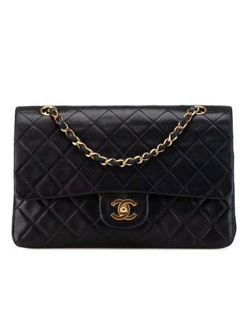 Medium Classic Lambskin Double Flap Shoulder Bag with Leather Woven Chain Straps