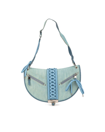 Denim Flap Bag with Leather Trim and Lace-Up Details