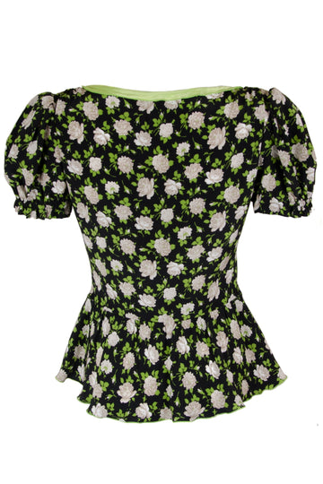 Silk Floral Puff Sleeve Zip Blouse