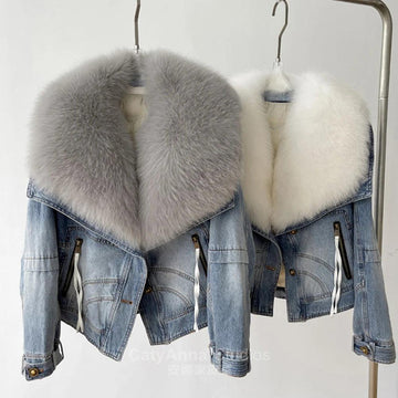European Winter New Fox Fur Big Fur Collar Denim Down Jacket Short Casual White Goose Down Warm Jacket Women Parka