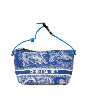 Technical Fabric Toile de Jouy Reverse Travel Pouch with Leather Handle