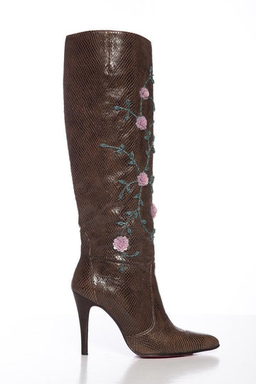 Emanuel Ungaro Brown Lizard Skin Floral Embellished Boots SZ 9