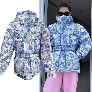 New Thickened Warm Cotton Coat Portrait Printing Long Sleeve Waist Closing Thin Hooded Down Cotton Coat