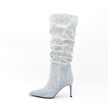 Womens Ethnic Denim Jeans Mid Calf Boots