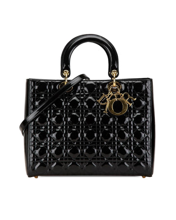 Large Patent Cannage Quilted Leather Tote with Detachable Strap