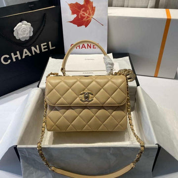 Makersluxe - Flap Bag With Top Handle Lambskin & Gold-Tone Metal Apricot