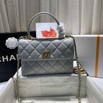 Makersluxe - Flap Bag With Top Handle Lambskin & Gold-Tone Metal Gray