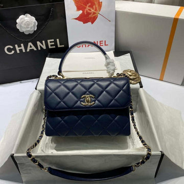Makersluxe - Flap Bag With Top Handle Lambskin & Gold-Tone Metal Navy Blue