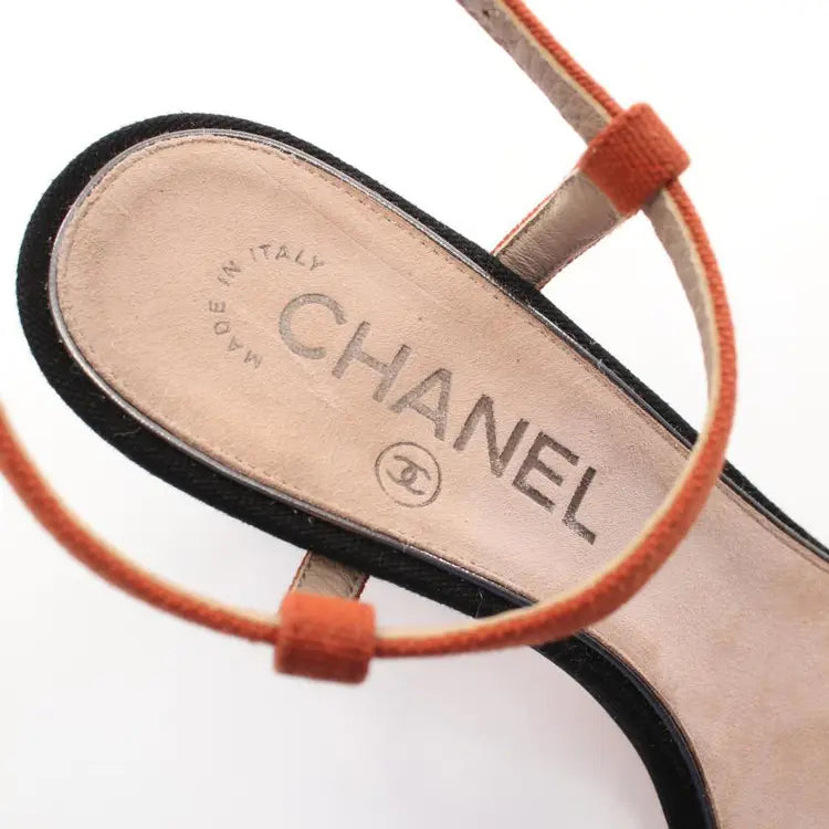 CHANEL Camellia Sandals Canvas, Orange Brown & Black, Size 37.5