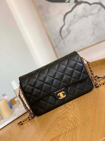 Makersluxe - Flap Bag Lambskin & Gold-Tone Metal Black