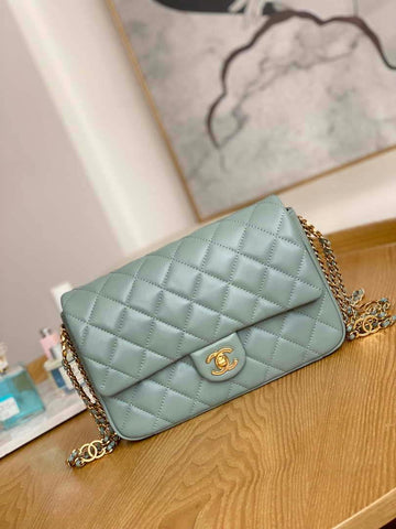 Makersluxe - Flap Bag Lambskin & Gold-Tone Metal Light Blue