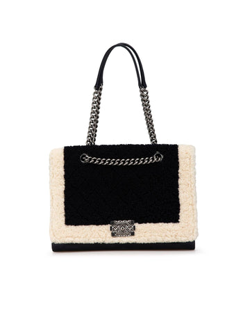 Large Shearling Shopping Tote with Leather Trim and Curb Chain Straps
