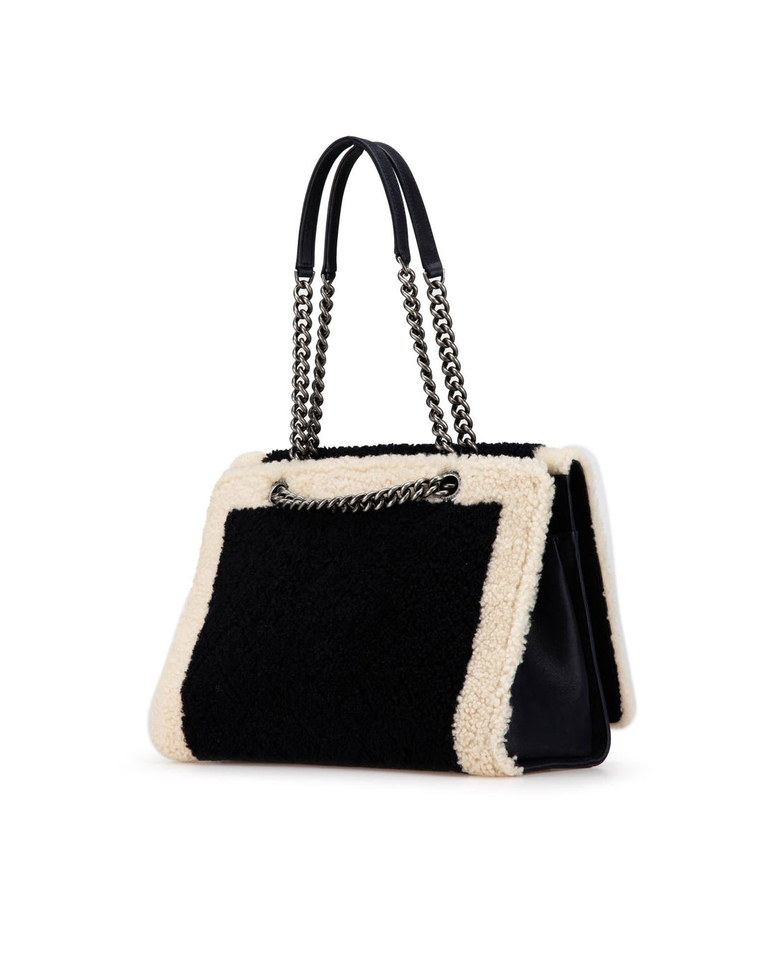 Large Shearling Shopping Tote with Leather Trim and Curb Chain Straps