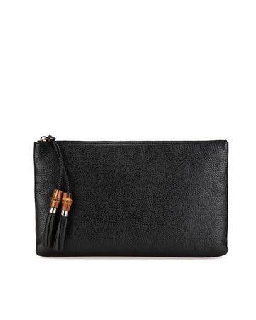 Leather Clutch with Bamboo Tassel Detail and Zip Closure