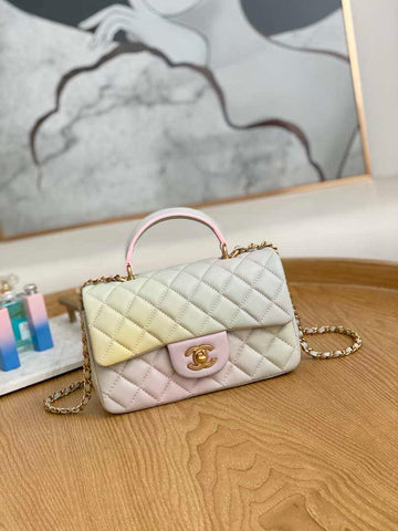 Makersluxe - Lambskin Flap Bag with Top Handle Gradient Beige