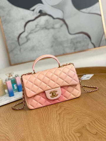 Makersluxe - Lambskin Flap Bag with Top Handle Gradient Pink